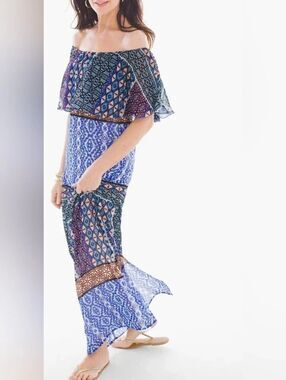 Chico's Off-Shoulder Blue Patterned Maxi Dress